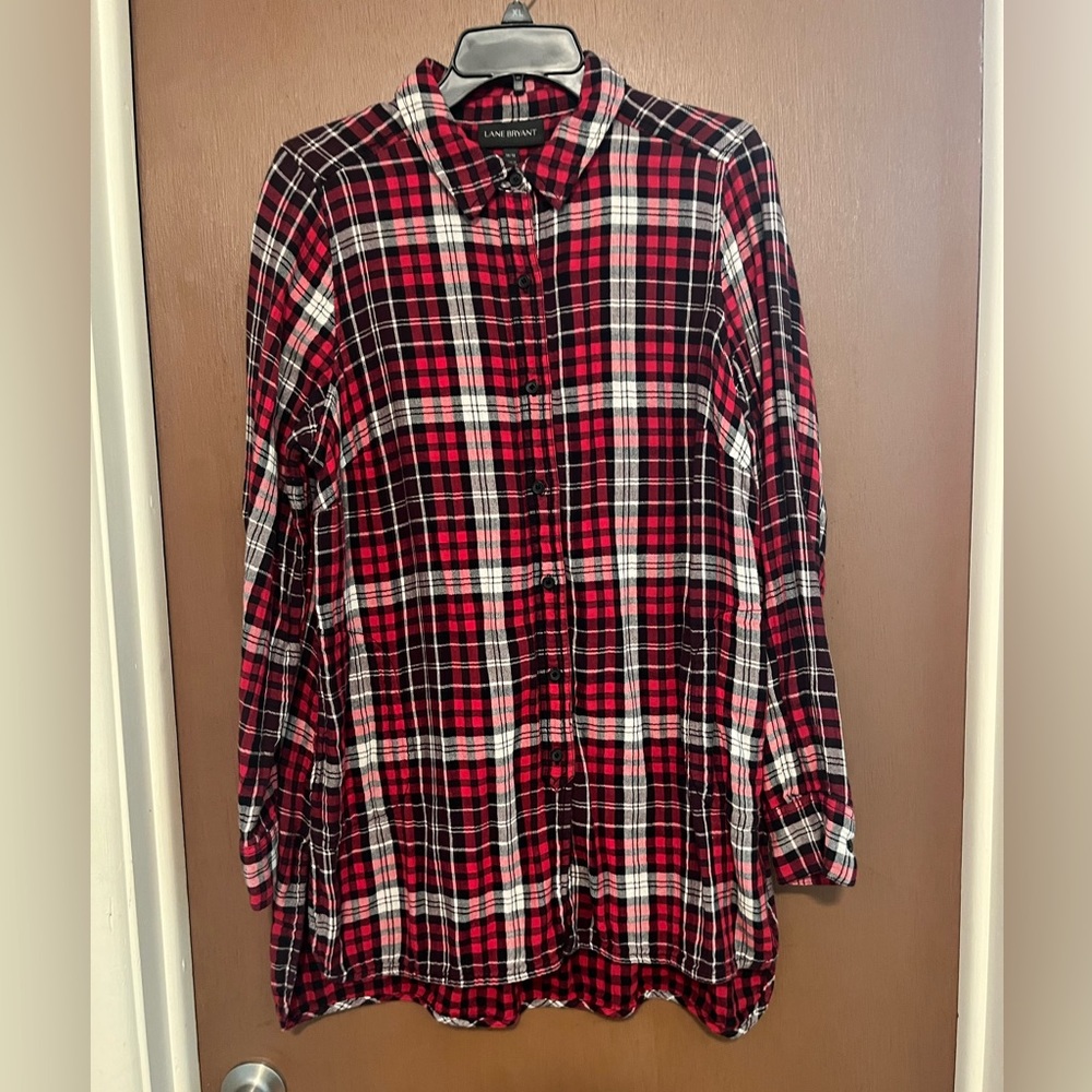 Lane Bryant Top Womens Red Plaid Button Up Long Sleeve Pocket Tunic Size 14/16